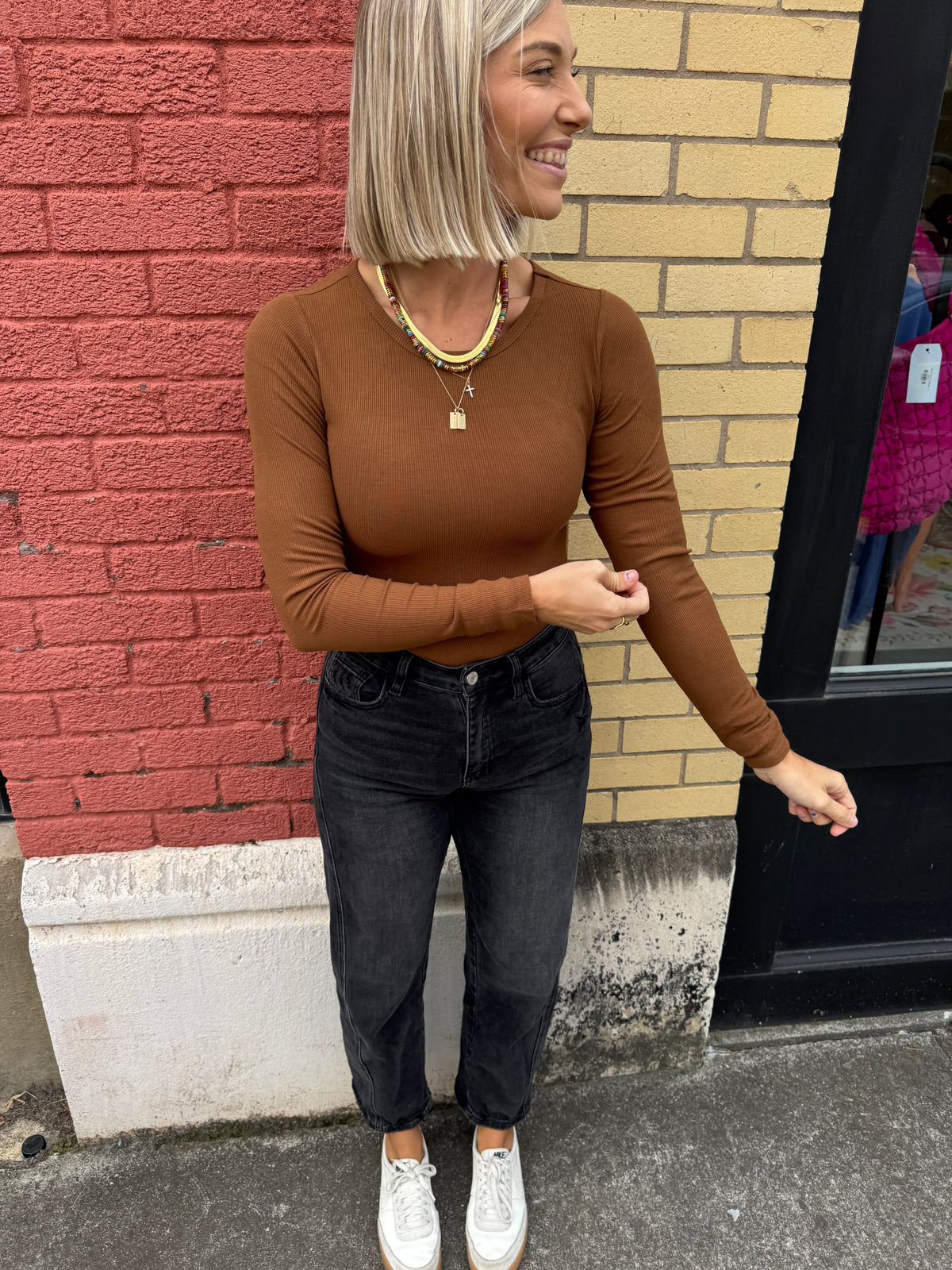 brown ribbed bodysuit