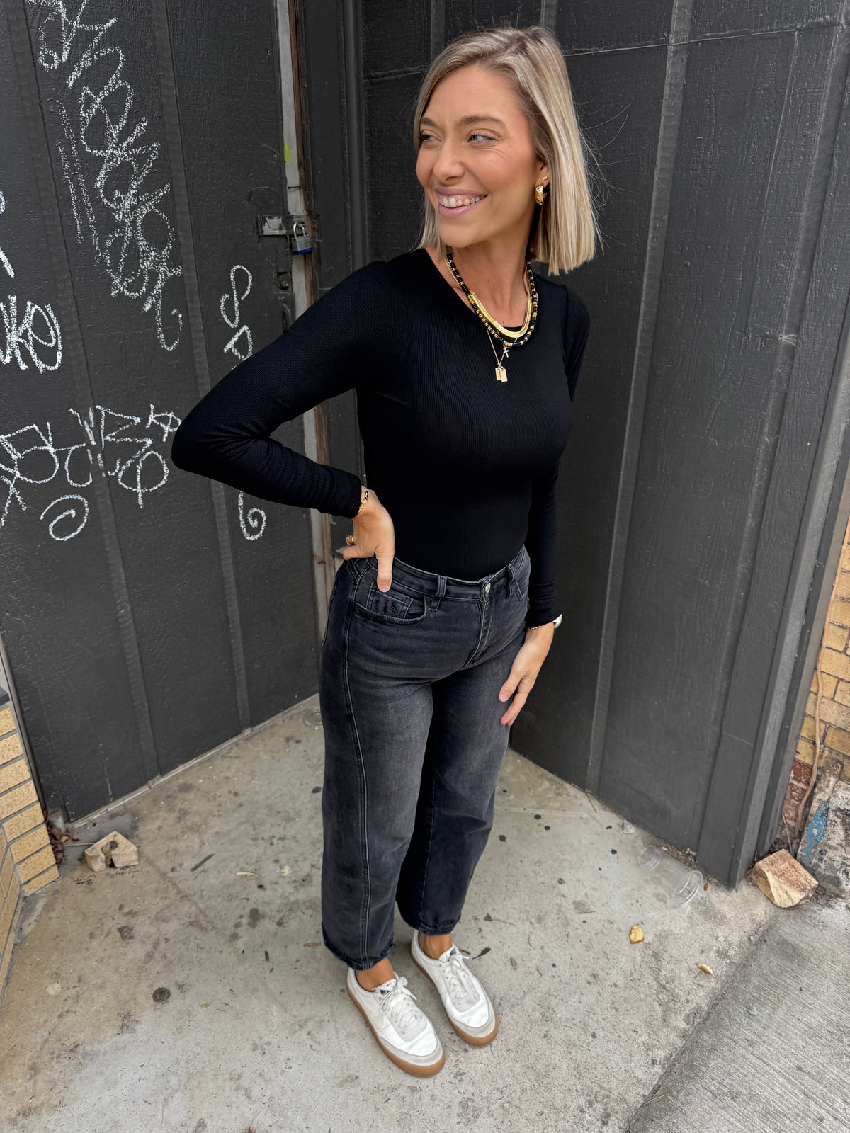 black ribbed bodysuit