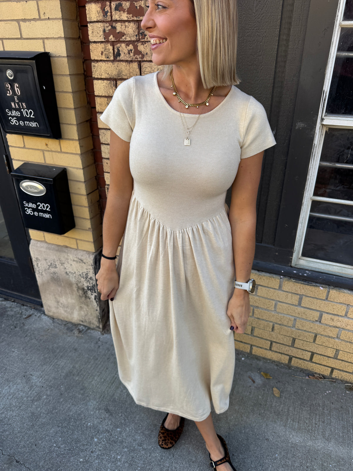 sally sweater dress in taupe