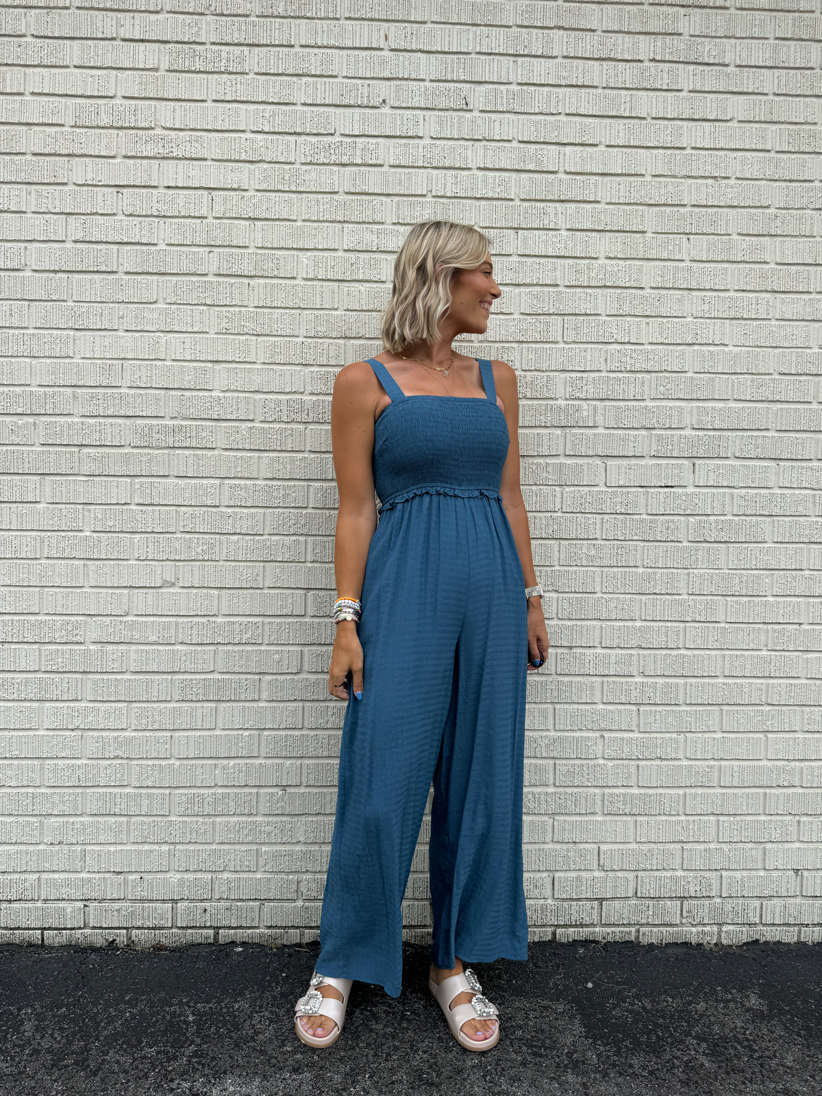 sara smocked jumpsuit in blue