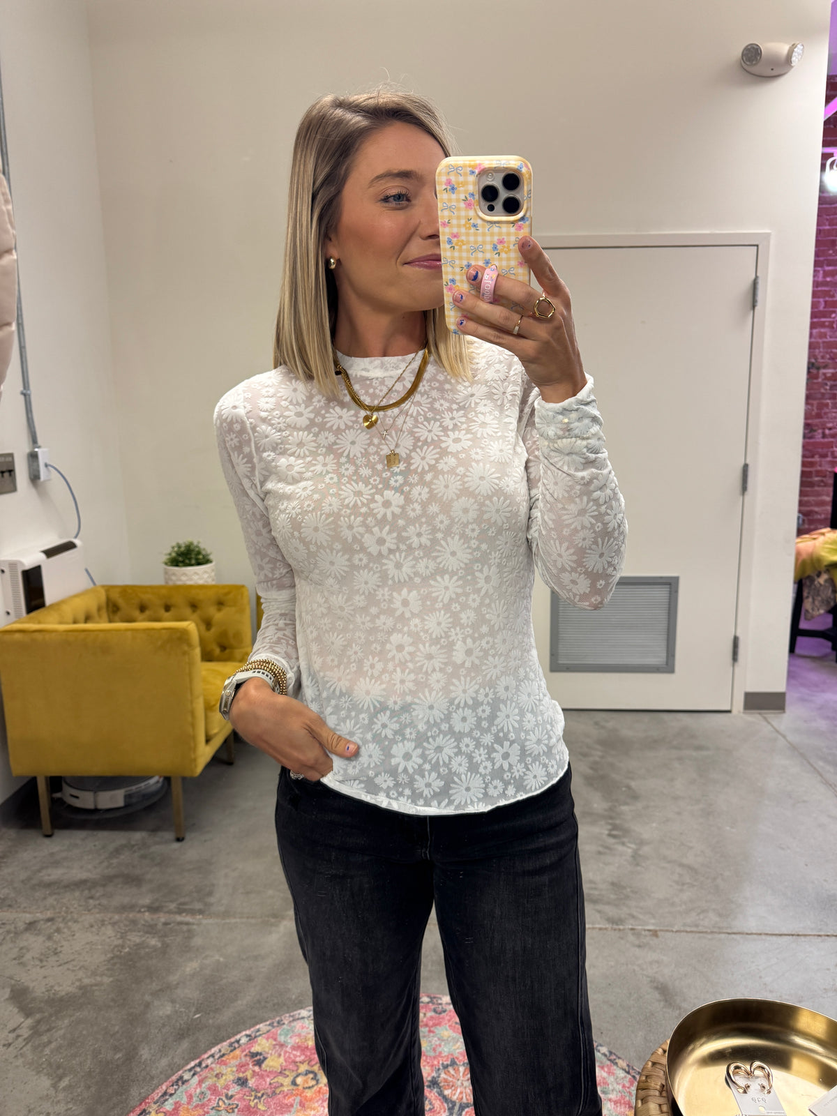 floral mesh top in white