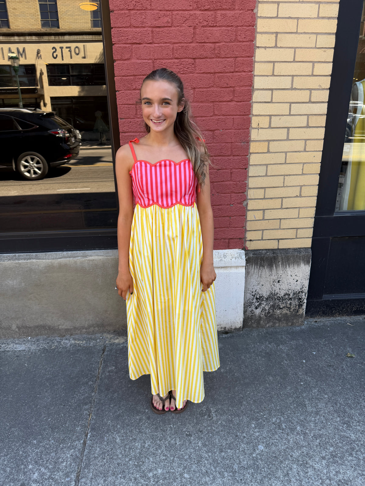 pink and yellow striped dress Marty Dress Pink Stripe Mikado Pink / S