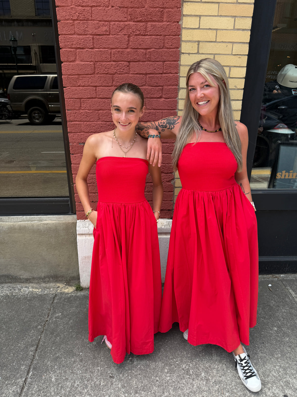 strapless maxi dress in red