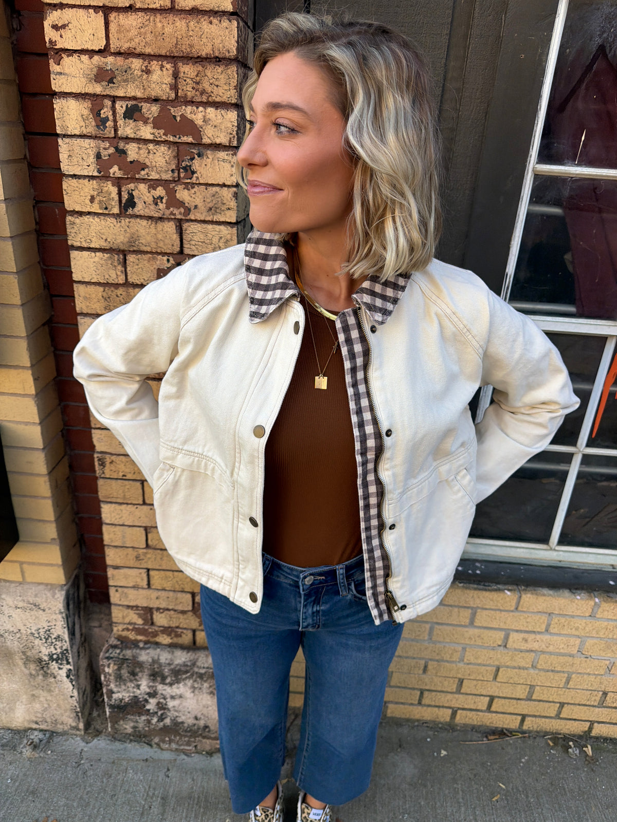 cream & plaid jacket