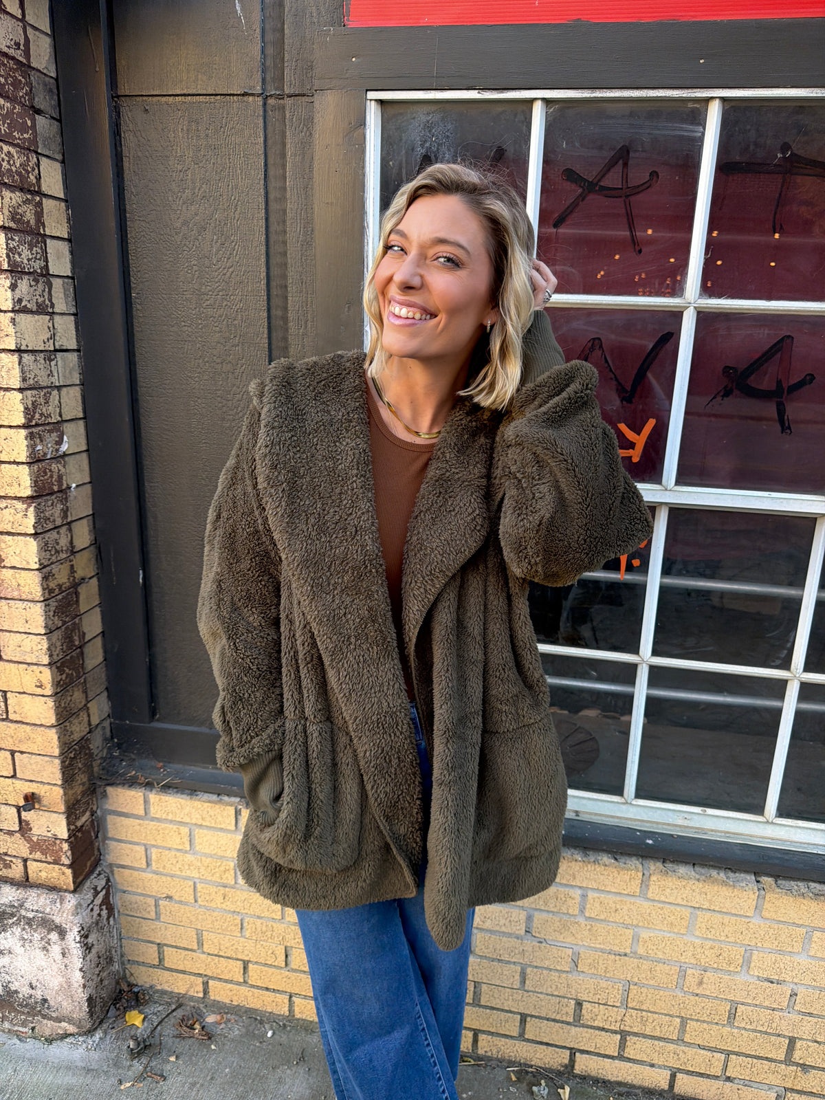 teddy bear cardigan in olive