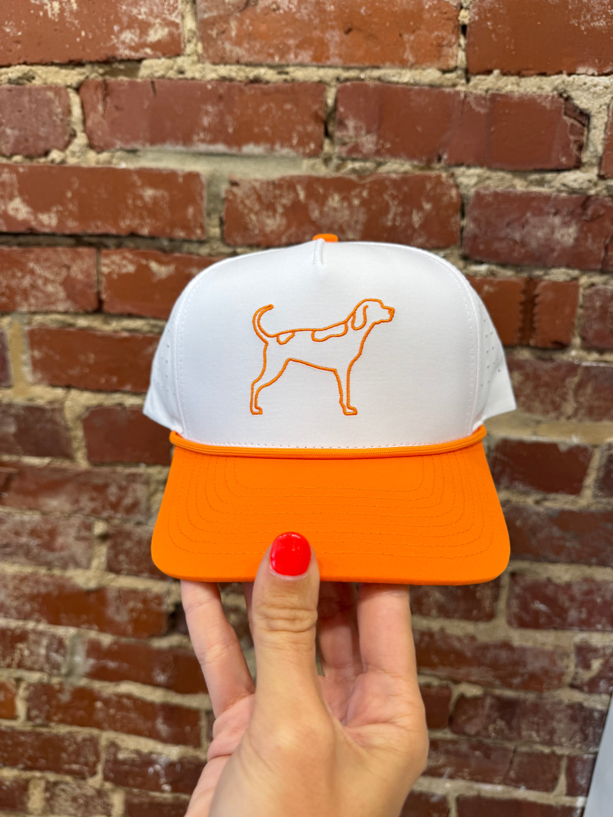 orange & white smokey hat
