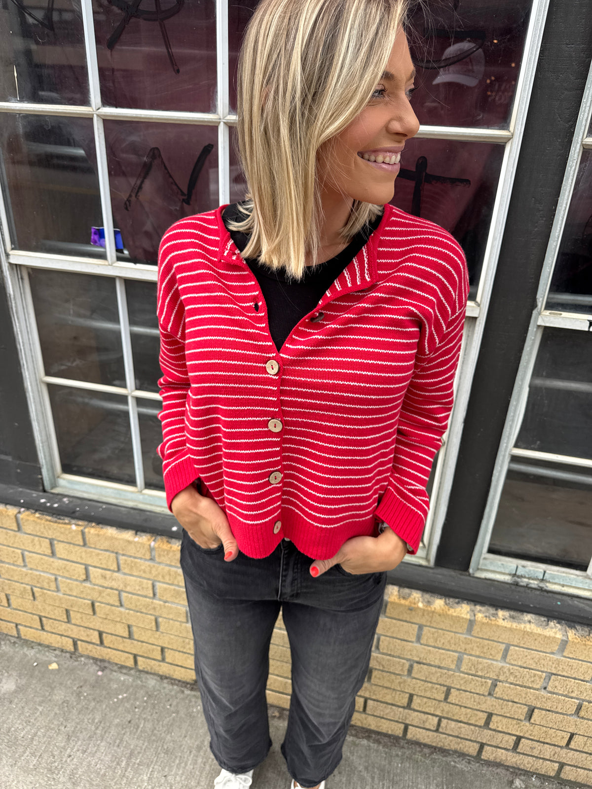 red & white striped cardigan