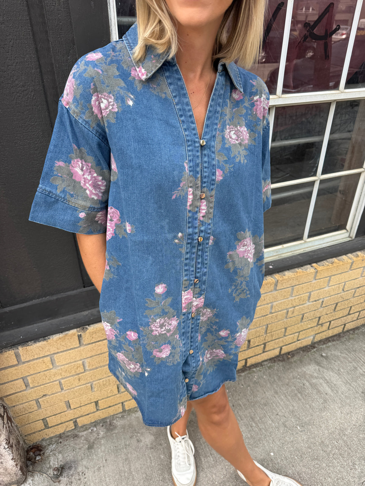 rosy denim dress