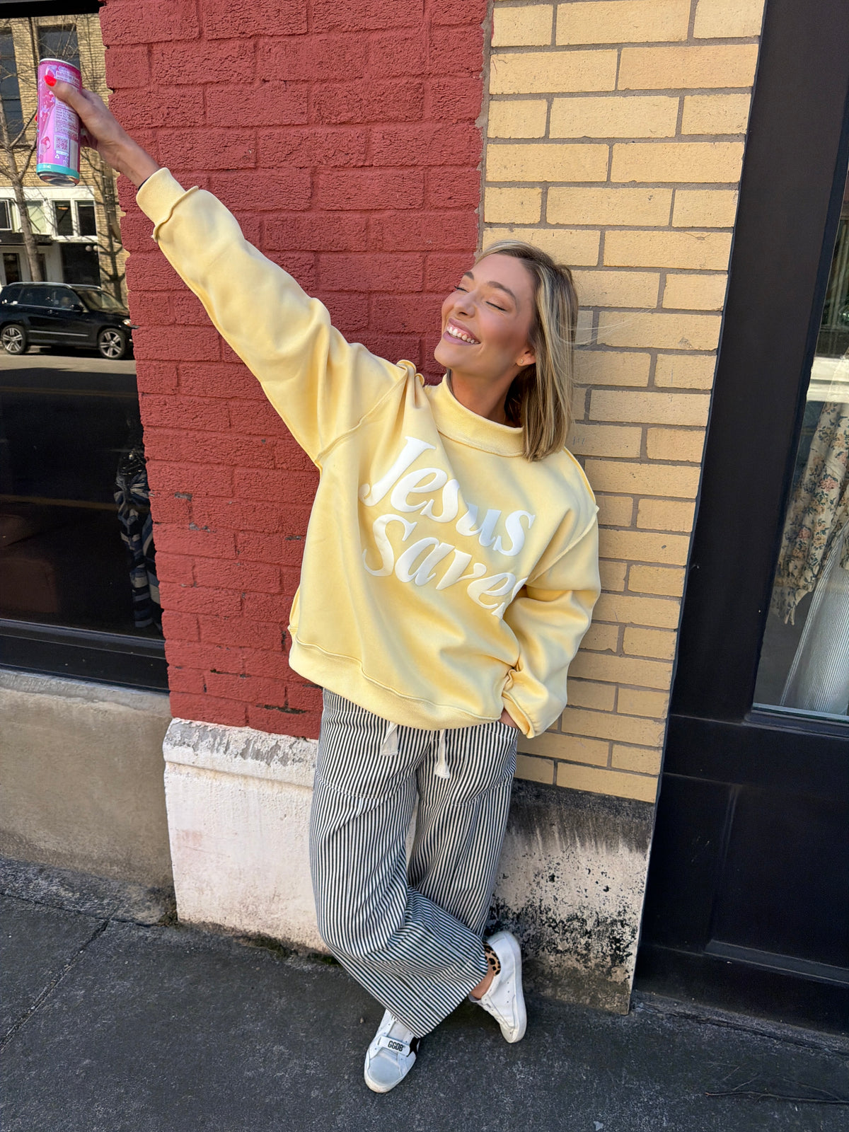 we're saved mockneck in yellow