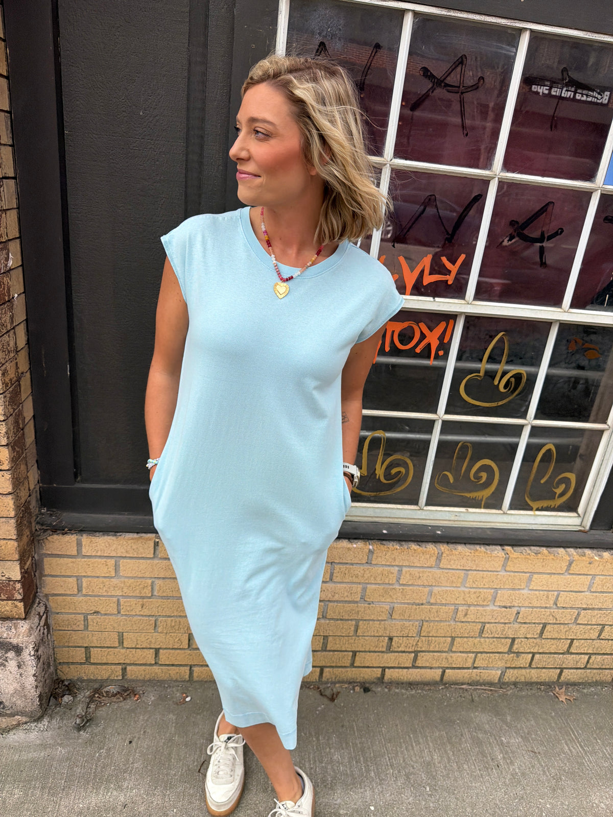 blue t-shirt midi dress