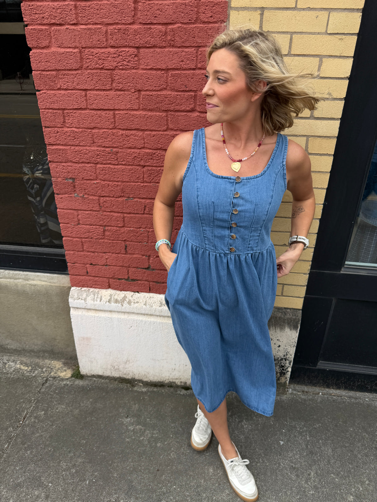 Cotton Denim Button-Up Midi Dress LG