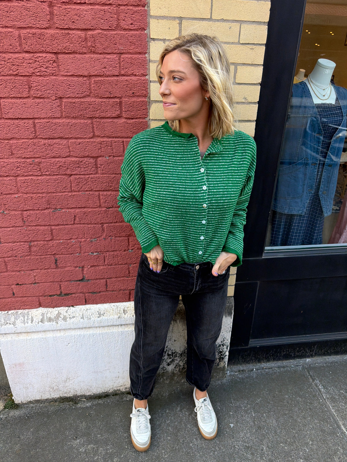 emmie cardigan in green stripe