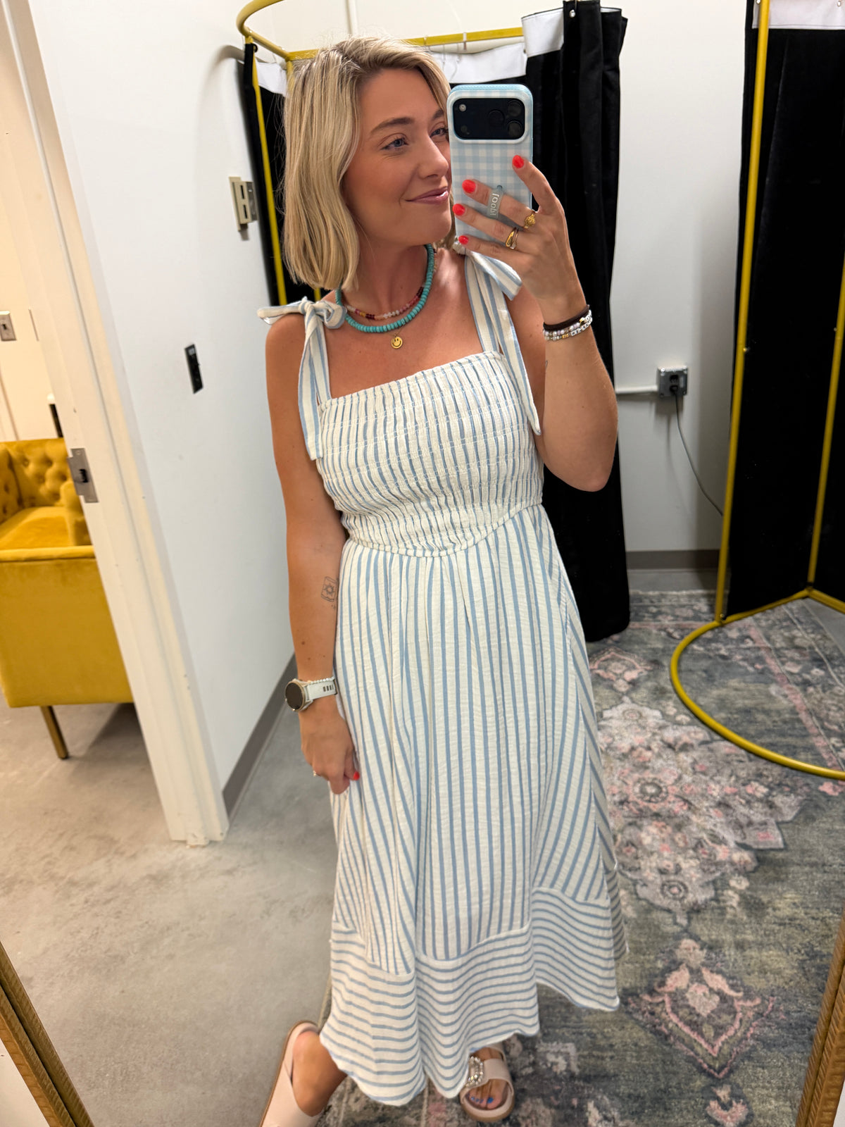 blue striped midi dress
