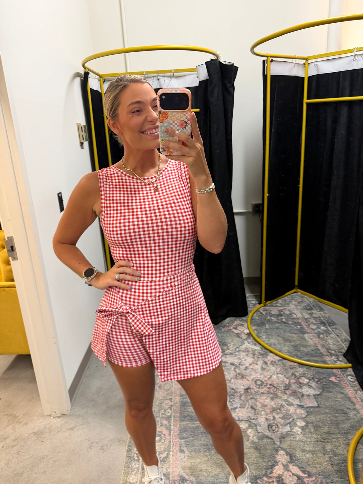 front tie athletic dress in red gingham