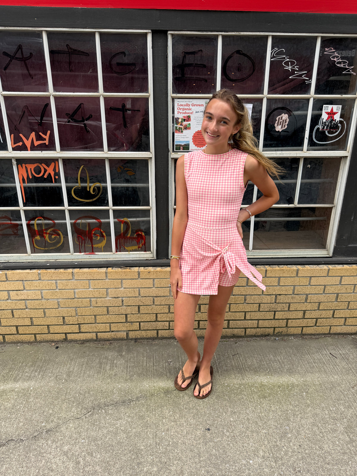 front tie athletic dress in pink gingham